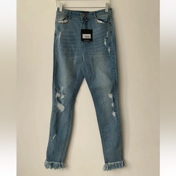 Missguided Denim - Missguided Sinner High waisted Ripped Fray Hem Skinny Blue Jeans Size 10 W28